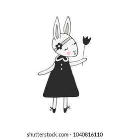 Cute hand drawn nursery poster with hare in scandinavian style. Monochrome vector illustration.