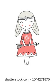 Cute hand drawn nursery poster with little hunter girl in scandinavian style. Kids vector illustration.