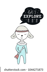 Cute hand drawn nursery poster with animal and lettering in scandinavian style. Kids vector illustration.