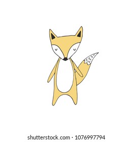 Cute hand drawn nursery poster with fox in scandinavian style. Monochrome vector illustration.
