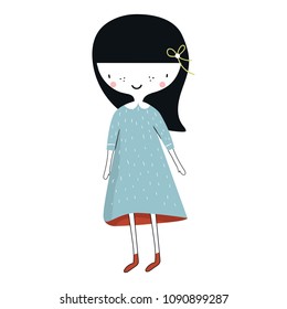 Cute hand drawn nursery poster with little girl in scandinavian style. Color kids vector illustration.