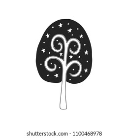 Cute hand drawn nursery poster with handdrawn magic tree in scandinavian style. Monochrome vector illustration.