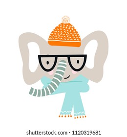 Cute hand drawn nursery poster with elephant animal with glasses and a hat. Vector illustration in candinavian style.