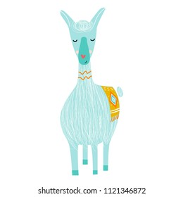 Cute hand drawn nursery poster with nice llama animal. Vector illustration in candinavian style.