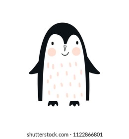 Cute hand drawn nursery poster with penguin animal. Vector illustration in candinavian style.