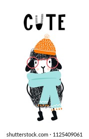 Cute hand drawn nursery poster with cool sheep animal with glasses, hat and hand drawn lettering. Vector illustration in candinavian style.