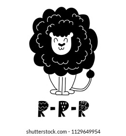 Cute hand drawn nursery poster with cheerful lion character in Doodle design.  Monochrome vector illustration in Scandinavian style.