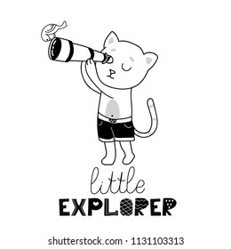 Cute hand drawn nursery poster with character kitten with a telescope in Doodle design. Lettering  Little Explorer. Little cat looks into the telescope. vector illustration in Scandinavian style.