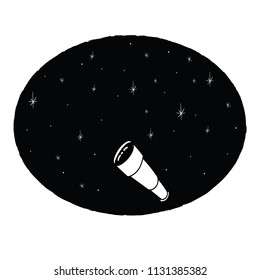 Cute hand drawn nursery poster with telescope and stars. Monochrome vector illustration of children in a Scandinavian style.