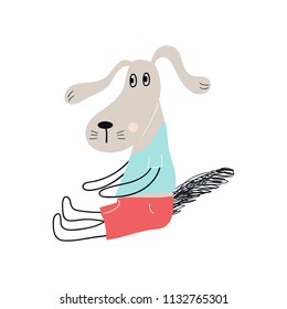 Cute hand drawn nursery poster with sitting dog animal. Vector illustration in scandinavian style.