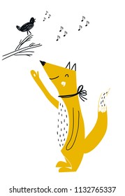 Cute hand drawn nursery poster with hungry red fox and bird on a branch. Vector illustration in scandinavian style.