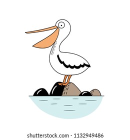 Cute hand drawn nursery poster with bird Pelican character. The Pelican sits on the rocks. Monochrome vector illustration for children in Scandinavian style.