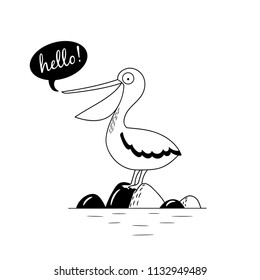 Cute hand drawn nursery poster with bird Pelican character. The Pelican sits on the rocks. Monochrome vector illustration for children in Scandinavian style.