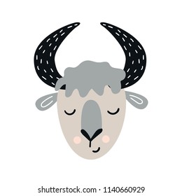 Cute hand drawn nursery poster with cartoon bull animal character. Vector illustration in scandinavian style.