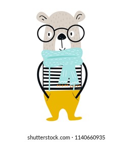 Cute hand drawn nursery poster with cartoon cool bear animal with glasses and vest. Vector illustration in scandinavian style.