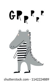 Cute hand drawn nursery poster with alligator animal. Kids vector illustration in scandinavian style.