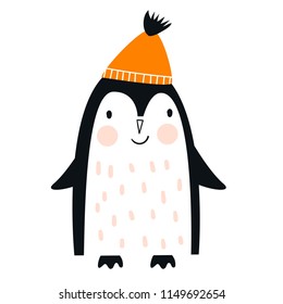 Cute hand drawn nursery poster with penguin animal in scandinavian style. Kids vector illustration.