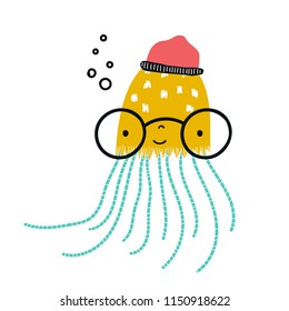 Cute hand drawn nursery poster with jellyfish in glasses and a hat. Kids vector illustration in scandinavian style.