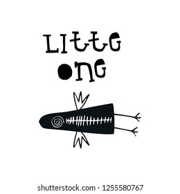 Cute hand drawn nursery poster with little bird in scandinavian style. Monochrome vector illustration.