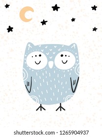 Cute hand drawn nursery poster with cartoon character animal sleeping owl and stars with moon in scandinavian style. Color blue yellow vector illustration.