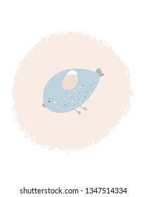 Cute hand drawn nursery poster with cartoon character blue bird on pink background. In scandinavian style.