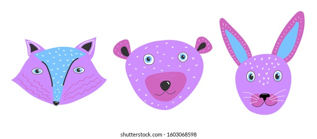 Cute hand drawn nursery poster with fox, bear and rabbit in scandinavian style. Colorful vector illustration. Woodland animals set for kids print and posters.