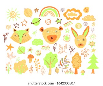 Cute hand drawn nursery poster with fox, bear and rabbit in scandinavian style. Colorful vector illustration. Woodland animals set for kids print and posters.