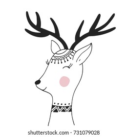 Cute hand drawn nursery poster with deer girl in scandinavian style. Monochrome vector illustration.