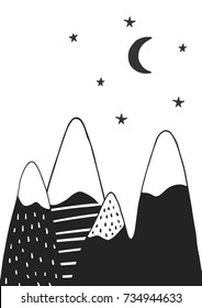 Cute hand drawn nursery poster with handdrawn mountains stars and moon in scandinavian style. Monochrome vector illustration.