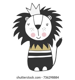 Cute hand drawn nursery poster with lion king in scandinavian style. Monochrome vector illustration.