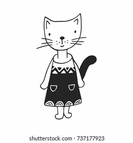 Cute hand drawn nursery poster with girl cat in scandinavian style. Monochrome vector illustration.