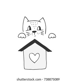 Cute hand drawn nursery poster with little cat in scandinavian style. Monochrome vector illustration.
