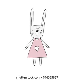 Cute hand drawn nursery poster with hare girl in scandinavian style. Vector illustration