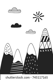 Cute Hand Drawn Nursery Poster With Mountains In Scandinavian Style. Monochrome Vector Illustration.