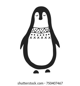 Cute hand drawn nursery poster with penguin in scandinavian style. Monochrome vector illustration.