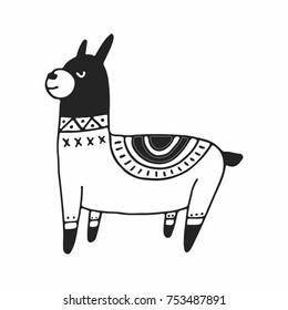 Cute hand drawn nursery poster with little llama in scandinavian style. Monochrome vector illustration.
