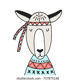 Cute hand drawn nursery poster with llama in scandinavian style. Color vector illustration.