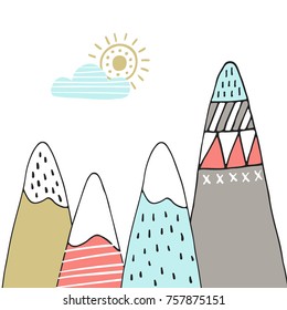 Cute hand drawn nursery poster with cartoon mountains and sun in scandinavian style. Color vector illustration.