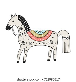 Cute hand drawn nursery poster with cartoon horse in scandinavian style. Vector illustration.
