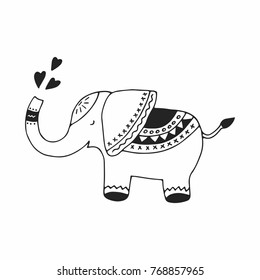 Cute hand drawn nursery poster with elephant in scandinavian style. Monochrome vector illustration.