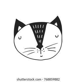 Cute hand drawn nursery poster with cat character in scandinavian style. Monochrome vector illustration.