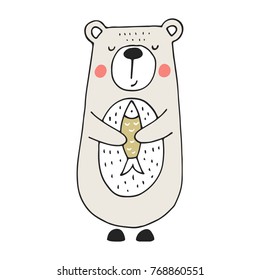 Cute hand drawn nursery poster with bear and fish in scandinavian style. Color vector illustration.