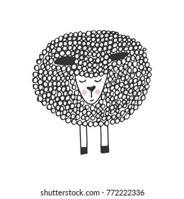 Cute Hand Drawn Nursery Poster With Unique Little Sheep In Scandinavian Style. Monochrome Vector Illustration