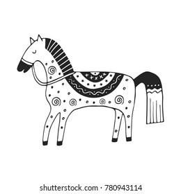 Cute hand drawn nursery poster with cartoon horse in scandinavian style. Vector illustration.