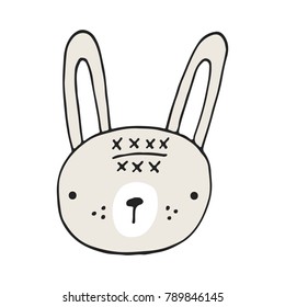 Cute hand drawn nursery poster with hare in scandinavian style. Monochrome vector illustration.