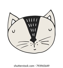 Cute hand drawn nursery poster with cat character in scandinavian style. Monochrome vector illustration.