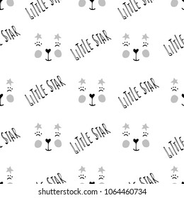 Cute hand drawn nursery seamless pattern in scandinavian style monochrome black and white with smiling face and lettering phrase Little star