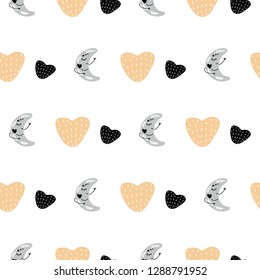Cute hand drawn nursery seamless pattern in scandinavian style with hand drawn characters moon and hearts. Colored grey black and blue. Vector illustration cartoon.
