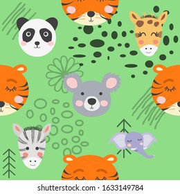 Cute hand drawn nursery seamless pattern with wild animals in scandinavian style.