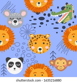 Cute hand drawn nursery seamless pattern with wild animals in scandinavian style.